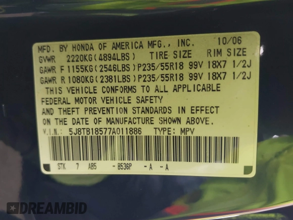 2007 Acura RDX Tech Pkg with VIN 5J8TB18577A011886, listed as a IAAI auction lot 41778455 with 141,123 mi miles. Bid and sale history available at carsss.com. Image 9.