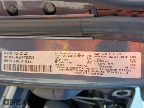 2024 Jeep Wrangler Sport S с VIN 1C4PJXAG8RW352284, выставлен на аукционе Copart как лот 52002625 с пробегом 1 403 миль миль и Списание • Salvage title. История ставок и продаж доступна на DreamBid. Изображение 15.