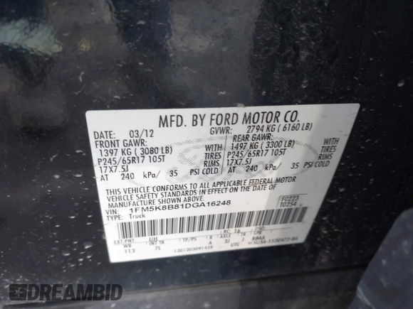 2013 Ford Explorer with VIN 1FM5K8B81DGA16248, listed as a IAAI auction lot 41671784 with 143,311 mi miles and . Bid and sale history available at carsss.com. Image 9.
