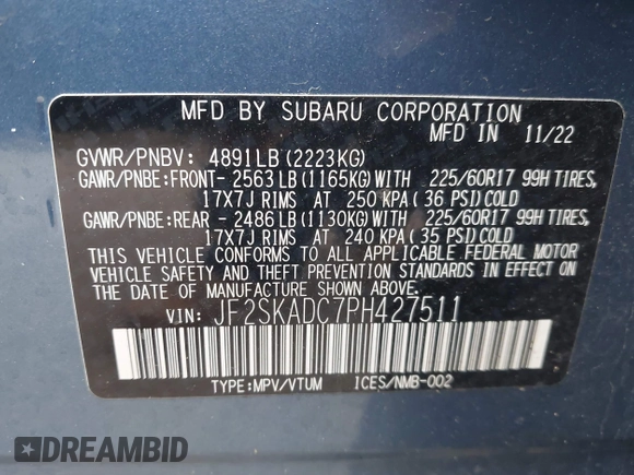 2023 Subaru Forester Premium с VIN JF2SKADC7PH427511, выставлен на аукционе IAAI как лот 42184112 с пробегом 39 846 миль миль и . История ставок и продаж доступна на DreamBid. Изображение 9.