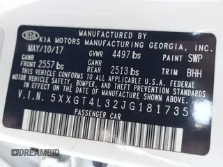 2018 Kia Optima LX with VIN 5XXGT4L32JG181735, listed as a IAAI auction lot 41699217 with 74,822 mi miles. Bid and sale history available at carsss.com. Image 9.