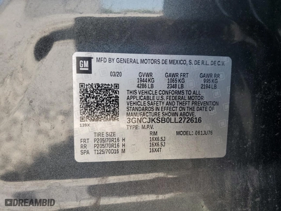 2020 Chevrolet Trax LS with VIN 3GNCJKSB0LL272616, listed as a Copart auction lot 49805015 with 68,958 mi miles and Non Repairable. Bid and sale history available at carsss.com. Image 13.