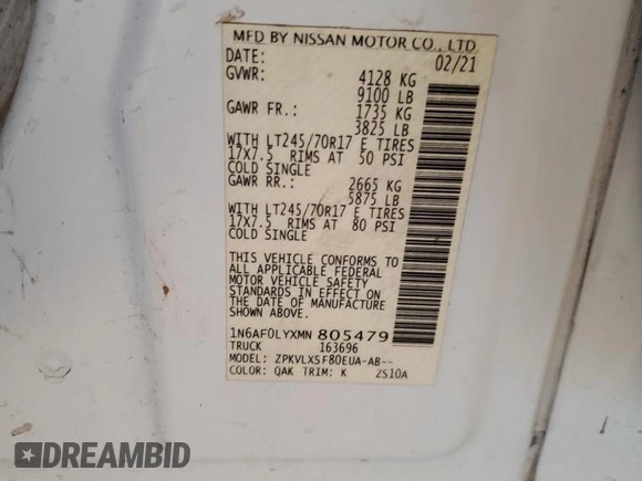 2021 Nissan NV Cargo SV with VIN 1N6AF0LYXMN805479, listed as a Copart auction lot 56770555 with 119,268 mi miles and Salvage title. Bid and sale history available at DreamBid. Image 13.