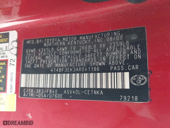 2010 Toyota Camry with VIN 4T4BF3EK3AR041186, listed as a IAAI auction lot 41837336 with 291,064 mi miles. Bid and sale history available at carsss.com. Image 9.