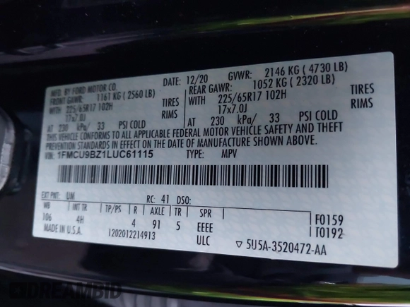 2020 Ford Escape SE Sport Hybrid with VIN 1FMCU9BZ1LUC61115, listed as a IAAI auction lot 41069836 with 99,927 mi miles and . Bid and sale history available at DreamBid. Image 9.