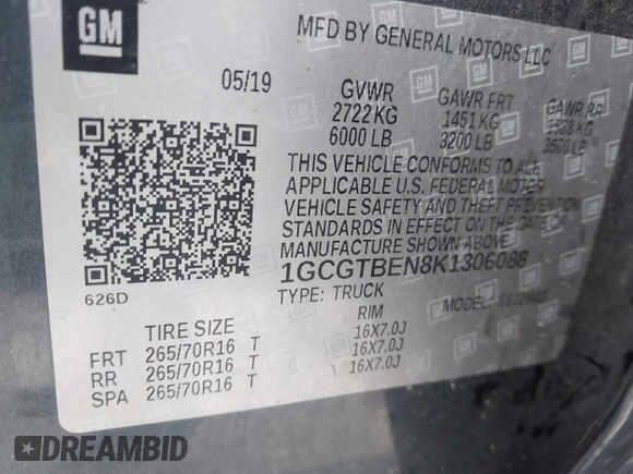 2019 Chevrolet Colorado 4WD Work Truck with VIN 1GCGTBEN8K1306088, listed as a IAAI auction lot 41807366 with 57,376 mi miles. Bid and sale history available at carsss.com. Image 9.