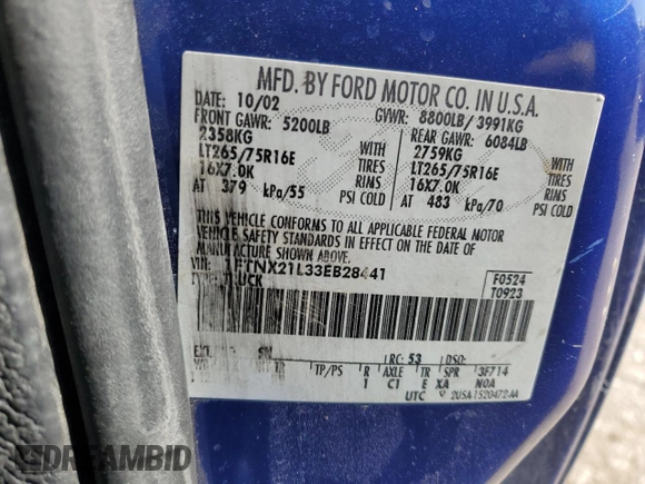 2003 Ford F-250 XL with VIN 1FTNX21L33EB28441, listed as a Copart auction lot 72505504 with 243,846 mi miles and Salvage Title. Bid and sale history available at DreamBid. Image 12.
