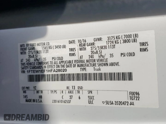 2017 Ford F-150 XL with VIN 1FTEW1EF1HFA28020, listed as a Copart auction lot 43564105 with 55,446 mi miles and Salvage title. Bid and sale history available at DreamBid. Image 15.