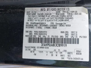 2012 Ford Fusion SEL with VIN 3FAHP0JA8CR289919, listed as a IAAI auction lot 42051209 with 188,464 mi miles and . Bid and sale history available at DreamBid. Image 9.
