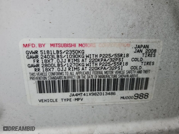 2008 Mitsubishi Outlander XLS with VIN JA4MT41X98Z013486, listed as a Copart auction lot 44634955 with 146,162 mi miles and Salvage Title. Bid and sale history available at carsss.com. Image 15.