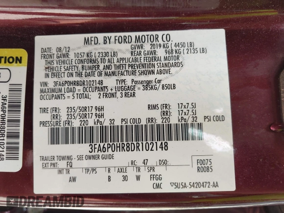 2013 Ford Fusion SE with VIN 3FA6P0HR8DR102148, listed as a IAAI auction lot 42253718 with 116,009 mi miles and . Bid and sale history available at DreamBid. Image 9.