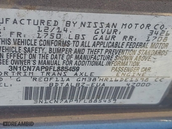 2015 Nissan Versa S Plus with VIN 3N1CN7AP9FL885459, listed as a IAAI auction lot 41863396 with 132,021 mi miles. Bid and sale history available at carsss.com. Image 9.