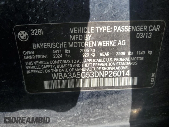 2013 BMW 3 Series 328i with VIN WBA3A5G53DNP26014, listed as a Copart auction lot 51509815 with 123,416 mi miles and Clean Title. Bid and sale history available at carsss.com. Image 14.