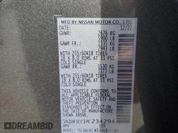2023 Nissan Pathfinder SL with VIN 5N1DR3CC1PC234294, listed as a Copart auction lot 49894495 with 29,442 mi miles and Salvage title. Bid and sale history available at DreamBid. Image 15.