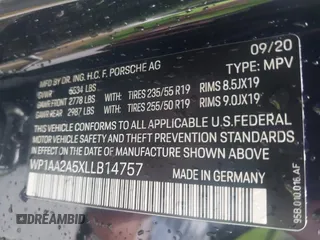 2020 Porsche Macan with VIN WP1AA2A5XLLB14757, listed as a IAAI auction lot 41731175 with 25,934 mi miles and . Bid and sale history available at DreamBid. Image 9.