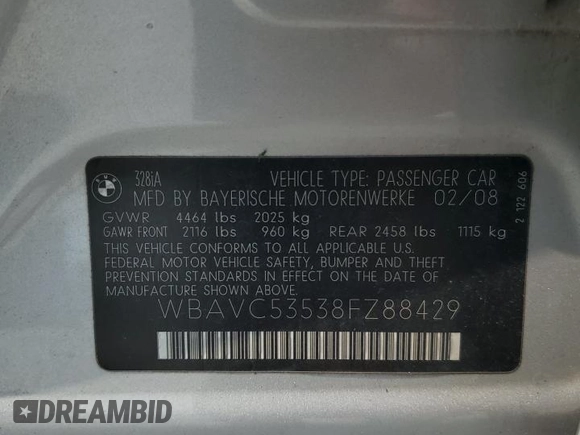 2008 BMW 3 Series 328i with VIN WBAVC53538FZ88429, listed as a Copart auction lot 57615095 with Not provided miles and Clean title. Bid and sale history available at DreamBid. Image 12.