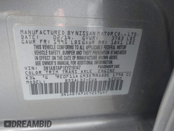 2014 Nissan Sentra S with VIN 3N1AB7AP1EY219147, listed as a IAAI auction lot 42178492 with 167,581 mi miles and . Bid and sale history available at DreamBid. Image 9.