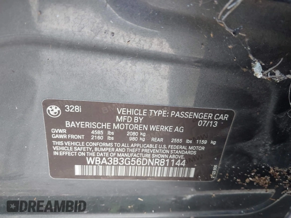 2013 BMW 3 Series 328i xDrive with VIN WBA3B3G56DNR81144, listed as a IAAI auction lot 40620694 with 159,022 mi miles. Bid and sale history available at carsss.com. Image 9.