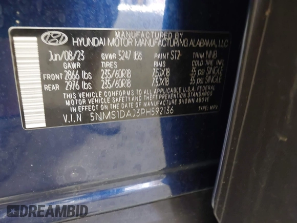 2023 Hyundai Santa Fe SE z VIN 5NMS1DAJ3PH592136, wystawiony jako IAAI lot #42263727 z przebiegiem 21 102 mil mil oraz . Historia ofert i sprzedaży dostępna na DreamBid. Obrazek 9.
