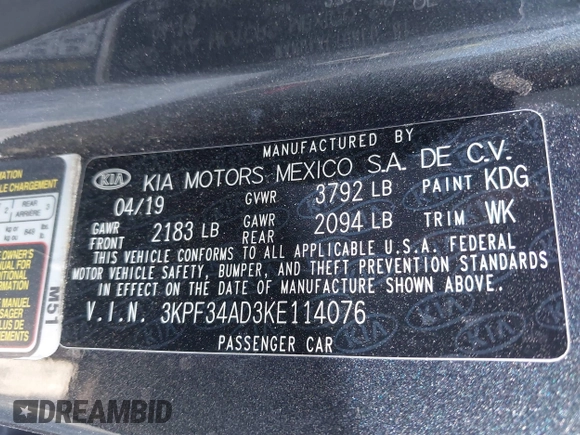 2019 Kia Forte S with VIN 3KPF34AD3KE114076, listed as a IAAI auction lot 41130841 with 159,321 mi miles and . Bid and sale history available at carsss.com. Image 9.