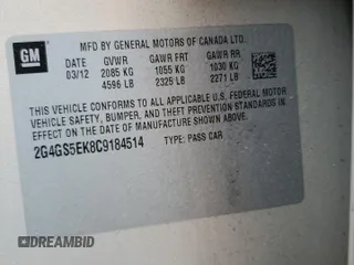 2012 Buick Regal Premium 1 with VIN 2G4GS5EK8C9184514, listed as a Copart auction lot 61380945 with 111,676 mi miles and Salvage title. Bid and sale history available at DreamBid. Image 12.