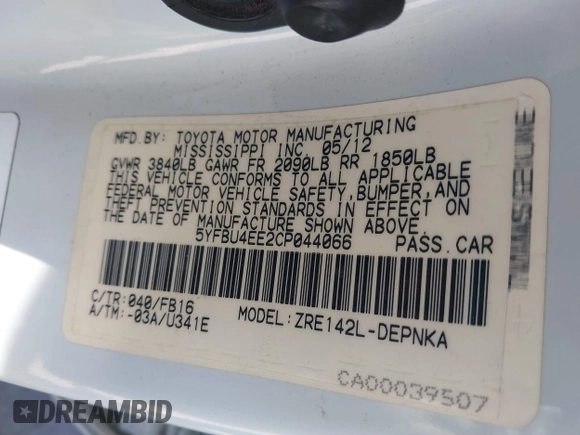 2012 Toyota Corolla L with VIN 5YFBU4EE2CP044066, listed as a IAAI auction lot 41776586 with Not Provided miles and . Bid and sale history available at DreamBid. Image 9.