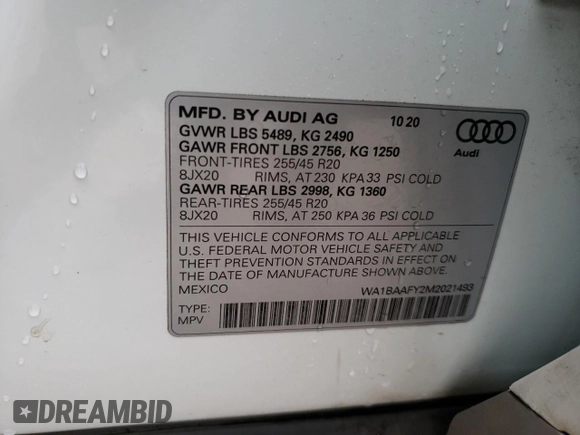 2021 Audi Q5 Premium Plus with VIN WA1BAAFY2M2021493, listed as a Copart auction lot 67912862 with 28,067 mi miles. Bid and sale history available at carsss.com. Image 14.