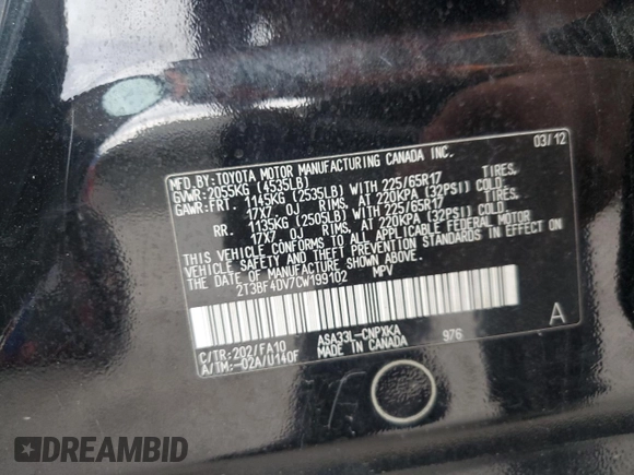 2012 Toyota RAV4 z VIN 2T3BF4DV7CW199102, wystawiony jako Copart lot #78161644 z przebiegiem Nie podano mil oraz Szkoda całkowita • Salvage title. Historia ofert i sprzedaży dostępna na DreamBid. Obrazek 13.
