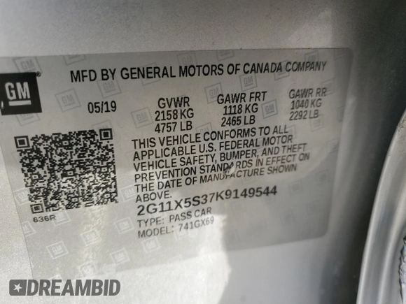 2019 Chevrolet Impala LS with VIN 2G11X5S37K9149544, listed as a Copart auction lot 49144665 with 82,910 mi miles and Salvage Title. Bid and sale history available at DreamBid. Image 14.