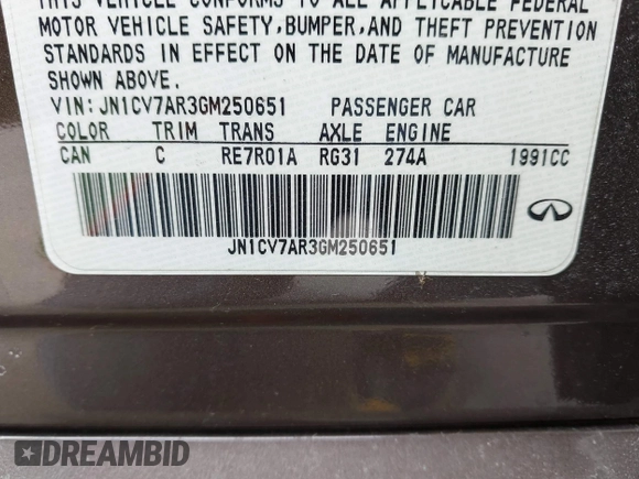 2016 Infiniti Q50 2.0t Premium with VIN JN1CV7AR3GM250651, listed as a IAAI auction lot 41768184 with 105,621 mi miles. Bid and sale history available at carsss.com. Image 9.