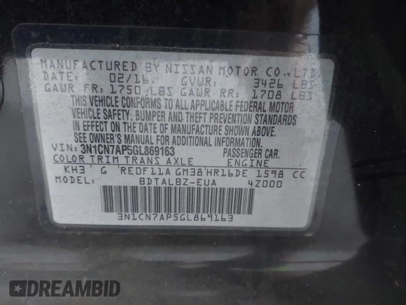 2016 Nissan Versa SV with VIN 3N1CN7AP5GL869163, listed as a IAAI auction lot 42121267 with 106,680 mi miles and . Bid and sale history available at DreamBid. Image 9.