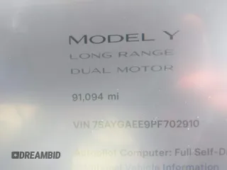 2023 Tesla Model Y Long Range with VIN 7SAYGAEE9PF702910, listed as a IAAI auction lot 42199519 with 91,094 mi miles and . Bid and sale history available at DreamBid. Image 15.