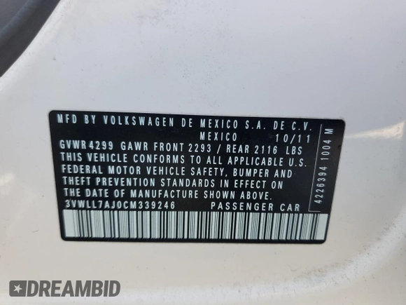 2012 Volkswagen Jetta TDI w/Premium с VIN 3VWLL7AJ0CM339246, выставлен на аукционе Copart как лот 46921225 с пробегом Не указан миль и Списание • Salvage title. История ставок и продаж доступна на DreamBid. Изображение 14.