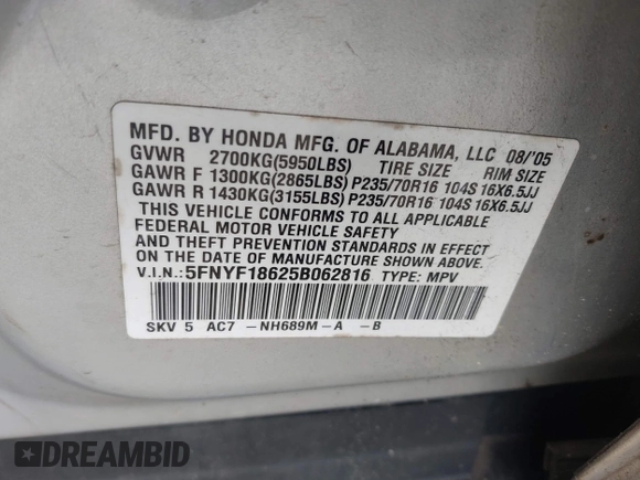 2005 Honda Pilot EX-L with VIN 5FNYF18625B062816, listed as a IAAI auction lot 42221428 with 258,651 mi miles and . Bid and sale history available at DreamBid. Image 9.