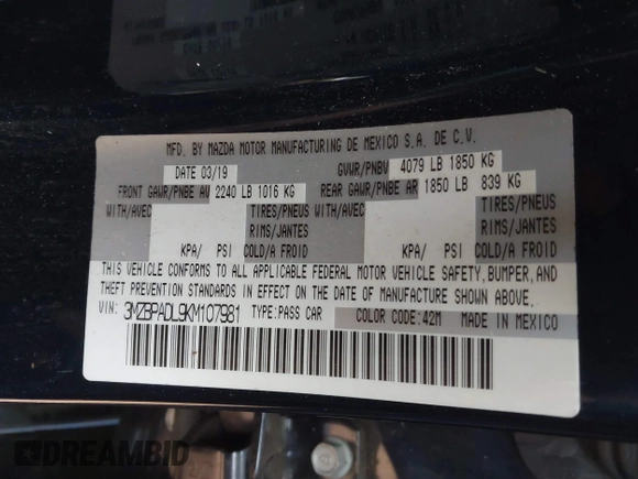 2019 Mazda 3 Preferred z VIN 3MZBPADL9KM107981, wystawiony jako IAAI lot #41196525 z przebiegiem 88 859 mil mil oraz . Historia ofert i sprzedaży dostępna na DreamBid. Obrazek 9.