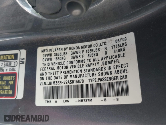 2010 Honda Insight EX with VIN JHMZE2H72AS015870, listed as a IAAI auction lot 42762384 with 58,121 mi miles and . Bid and sale history available at DreamBid. Image 9.