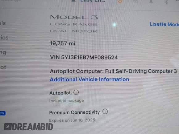 2021 Tesla Model 3 Long Range with VIN 5YJ3E1EB7MF089524, listed as a IAAI auction lot 42023474 with 19,757 mi miles and . Bid and sale history available at carsss.com. Image 16.