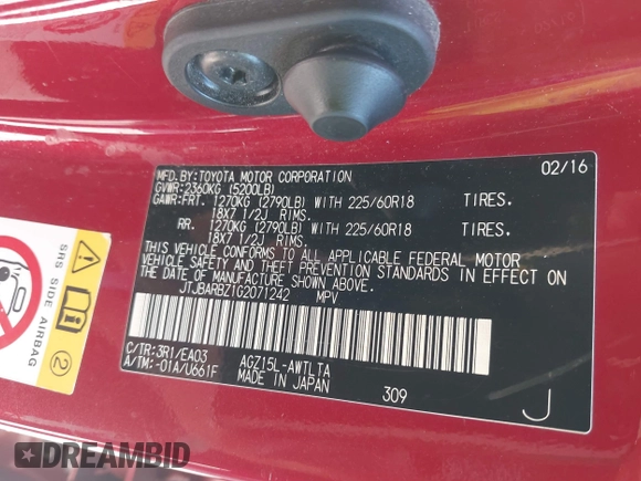 2016 Lexus NX 200t with VIN JTJBARBZ1G2071242, listed as a IAAI auction lot 42524647 with 209,930 mi miles and . Bid and sale history available at DreamBid. Image 9.