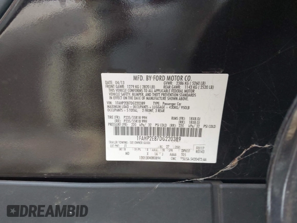 2013 Ford Taurus SEL with VIN 1FAHP2E87DG220389, listed as a IAAI auction lot 41930118 with 128,324 mi miles and . Bid and sale history available at carsss.com. Image 9.