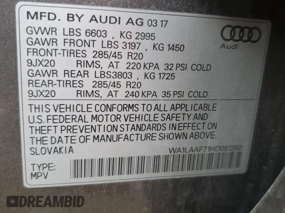 2017 Audi Q7 Premium Plus with VIN WA1LAAF71HD051350, listed as a Copart auction lot 53358465 with 64,189 mi miles and Salvage title. Bid and sale history available at DreamBid. Image 14.