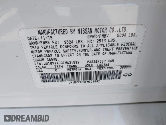 2015 Infiniti Q50 Premium with VIN JN1BV7AR0FM421592, listed as a IAAI auction lot 42070055 with 161,038 mi miles. Bid and sale history available at carsss.com. Image 9.