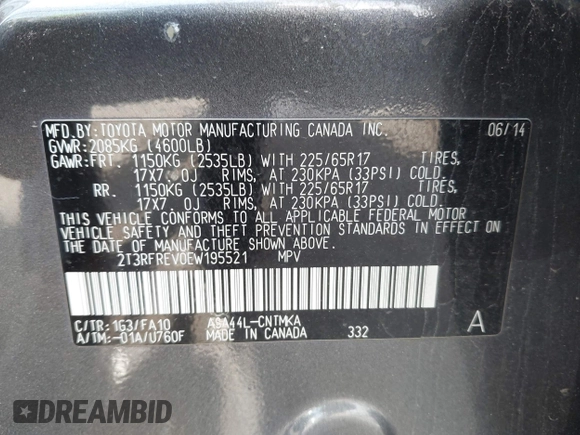 2014 Toyota RAV4 XLE with VIN 2T3RFREV0EW195521, listed as a IAAI auction lot 42248390 with 96,126 mi miles and . Bid and sale history available at DreamBid. Image 9.