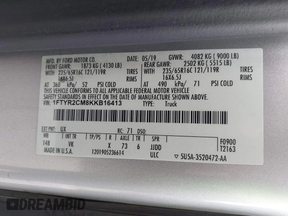 2019 Ford Transit с VIN 1FTYR2CM8KKB16413, выставлен на аукционе IAAI как лот 42367266 с пробегом 192 037 миль миль и . История ставок и продаж доступна на DreamBid. Изображение 9.