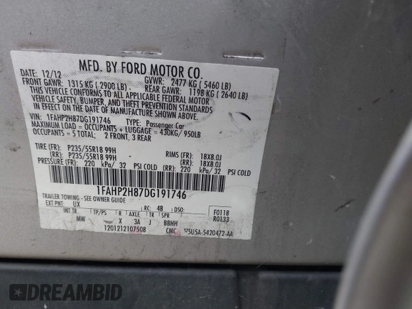 2013 Ford Taurus SEL with VIN 1FAHP2H87DG191746, listed as a IAAI auction lot 40445448 with 231,634 mi miles and . Bid and sale history available at DreamBid. Image 9.
