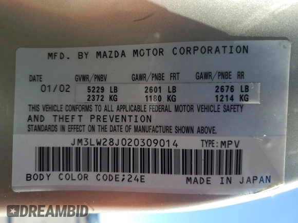 2002 Mazda MPV LX with VIN JM3LW28J020309014, listed as a Copart auction lot 81004584 with 249,161 mi miles and Salvage title. Bid and sale history available at DreamBid. Image 15.