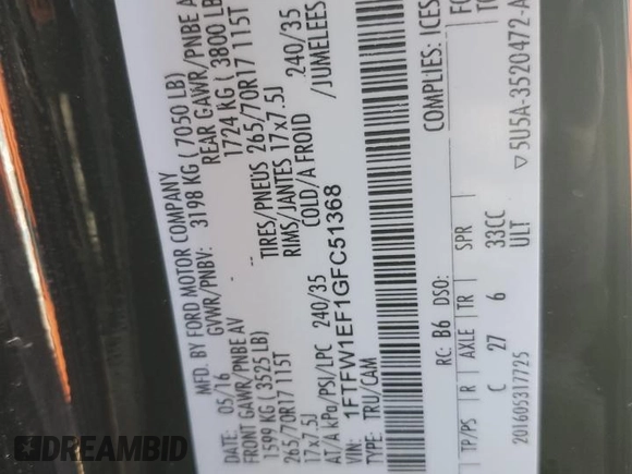 2016 Ford F-150 XLT z VIN 1FTFW1EF1GFC51368, wystawiony jako Copart lot #44782245 z przebiegiem 274 162 mil mil oraz Szkoda całkowita • Salvage title. Historia ofert i sprzedaży dostępna na DreamBid. Obrazek 12.