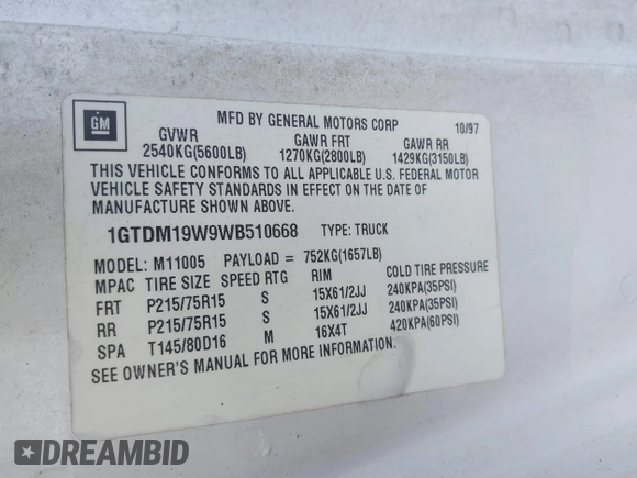 1998 GMC Safari Cargo with VIN 1GTDM19W9WB510668, listed as a IAAI auction lot 41738531 with 159,978 mi miles. Bid and sale history available at carsss.com. Image 9.