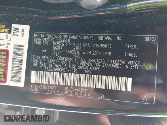 2022 Toyota Highlander XLE z VIN 5TDGZRBH3NS587245, wystawiony jako IAAI lot #42146453 z przebiegiem 74 909 mil mil oraz . Historia ofert i sprzedaży dostępna na DreamBid. Obrazek 9.