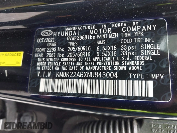 2022 Hyundai Kona Preferred with VIN KM8K22ABXNU843004, listed as a IAAI auction lot 41909990 with 18,837 mi miles and . Bid and sale history available at carsss.com. Image 9.