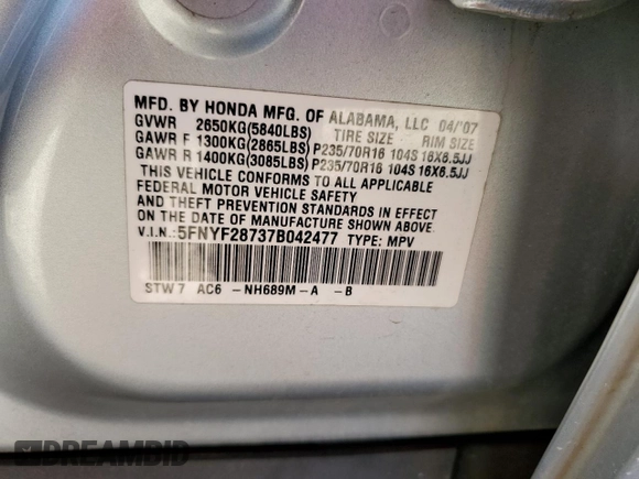 2007 Honda Pilot EX-L with VIN 5FNYF28737B042477, listed as a Copart auction lot 86172824 with 275,105 mi miles and Salvage Title. Bid and sale history available at DreamBid. Image 13.